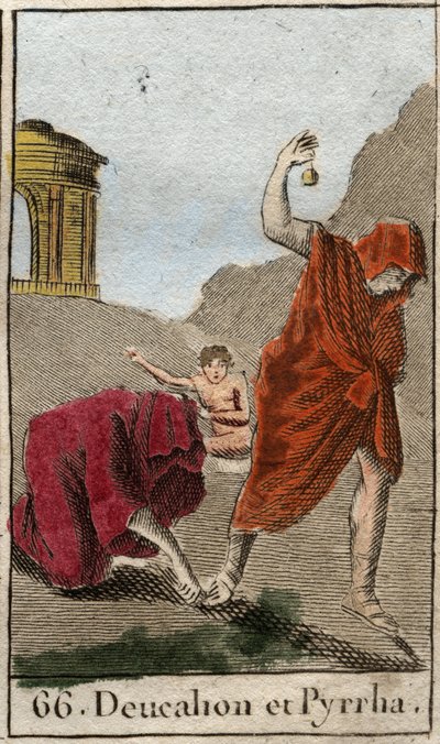 Deucalion és Pyrrha ábrázolása, az egyetlen túlélő a Zeusz által az emberi fajt elpusztító özönvíz után. Themisz az özönvíz után arra kéri őket, hogy letakarva járják a fejüket, és maguk mögé dobják anyjuk csontjait (a Föld köveit) (Re) alkotó: French School