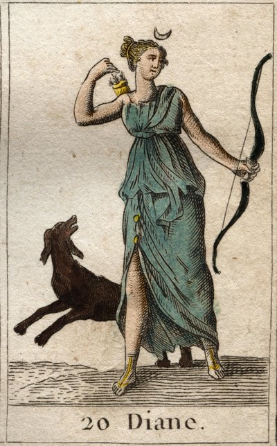 Diana, a vadászat istennője ábrázolása, íjat és nyilakat tart (Diana, a vadászat istennője ábrázolása). Pierre Blanchard „Az ifjúság mitológiájából”, 1803. alkotó: French School