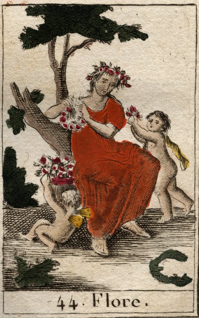 Flora (Flora), a virágok istennője ábrázolása. (Flóra, a virágok istennője és a tavasz évszaka) Pierre Blanchard „Mythologie de la jeunesse” című művéből, 1803. alkotó: French School