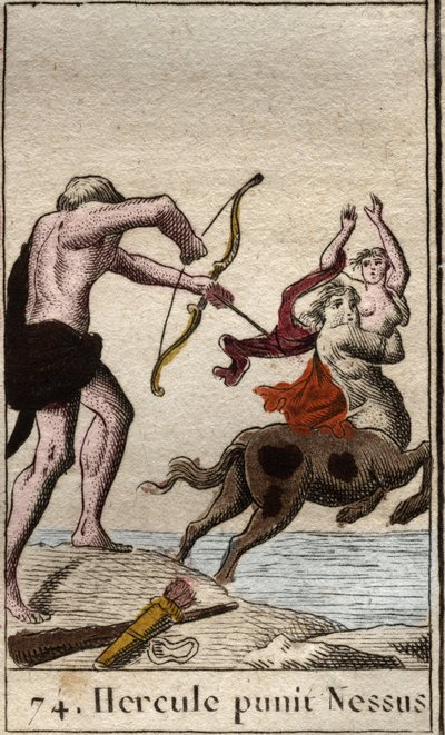 Herkules ábrázolása, amint egy megmérgezett nyílvesszőt lefejt Nessus (Nessos) kentaurnak, aki elrabolja Dejanire feleségét (Herkules (Héraklész) mérgezett nyilat lőtt Nessus kentaurra, aki megpróbálja elrabolni Deianirát) Pier Mythologie de la jeunesse „” alkotó: French School