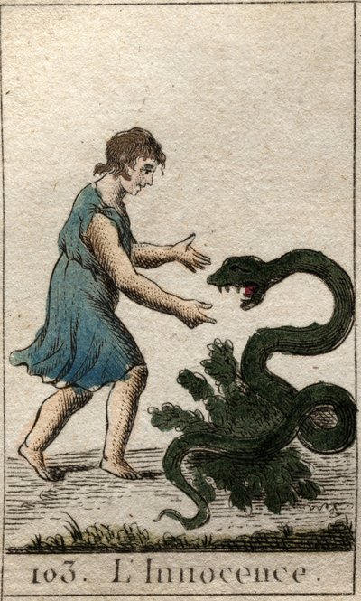 Az ártatlanság ábrázolása, mint egy gyermek, aki egy veszélyes kígyót etet. Pierre Blanchard „Az ifjúság mitológiájából” 1803-ból. alkotó: French School