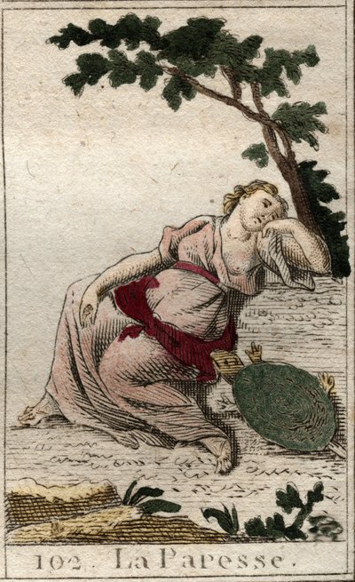 Lustaság, az Éjszaka és az Alvás lánya, mint egy teknősös fiatalember ábrázolása. Pierre Blanchard „Az ifjúság mitológiájából” 1803-ból. alkotó: French School
