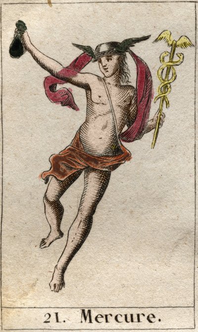 Merkúr, a kereskedelem istene, az utazás istene és más istenek hírnöke. Caduceust tart és petázót visel (Mercurius, a kereskedelem istene és a többi istenek hírnöke, caduceust tart, és petasót visel). Pierre Bla „Az ifjúság mitológiájából”. alkotó: French School