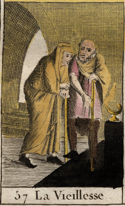 Öregség ábrázolása, öregasszony botra támaszkodva. (Az öregkor ábrázolása, boton nyugszik). Pierre Blanchard „Az ifjúság mitológiájából” 1803-ból. alkotó: French School