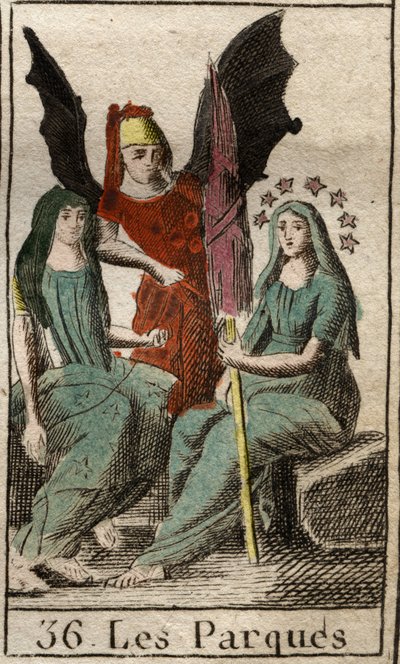 Parques (Szekrények), Clotho, Lachesis és Atropos, az emberi sors isteneinek ábrázolása a születéstől a halálig, mint nagyon idős, forgó nők. (Parcae, Clotho, Lachesis és Atropos, az emberi sors megszemélyesítője, forgó öregasszonyként ábrázolva). Tól től alkotó: French School
