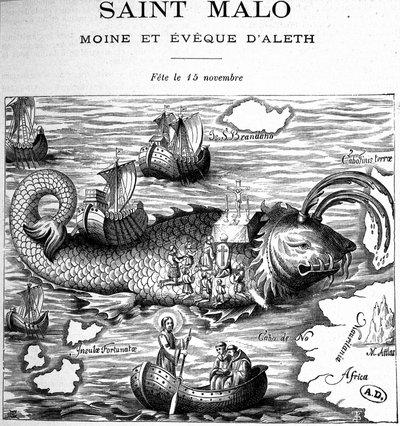 Saint Malo (Saint Maclou) ábrázolása egy bálna hátán, amelyet Clonfert Saint Brendan (Brandan) vagy Clonfert Breanainn (kb. 484-577/578) útján ábrázolt - metszet alkotó: French School