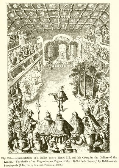 Egy balett ábrázolása III. Henrik és udvara előtt, a Louvre Galériában alkotó: French School