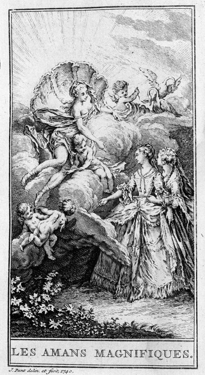 Jean Baptiste Poquelin dit Moliere (1622-1673) „Les lovers magnificients” (1670) című darabjának egy jelenete. Metszet 1740-ből. alkotó: French School