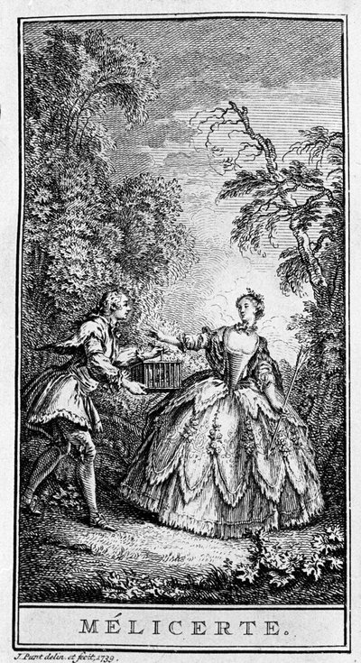 Jean Baptiste Poquelin dit Moliere (1622-1673) „Melicerte” című darabjának (1666) egy jelenetének ábrázolása. Metszet 1739-ből. alkotó: French School