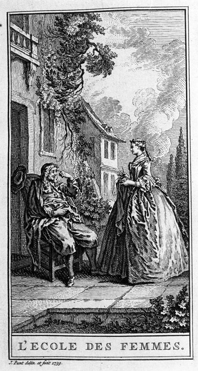 Jean Baptiste Poquelin dit Moliere (1622-1673) „A nők iskolája” (1662) című darabjának egy jelenete. Metszet 1739-ből. alkotó: French School