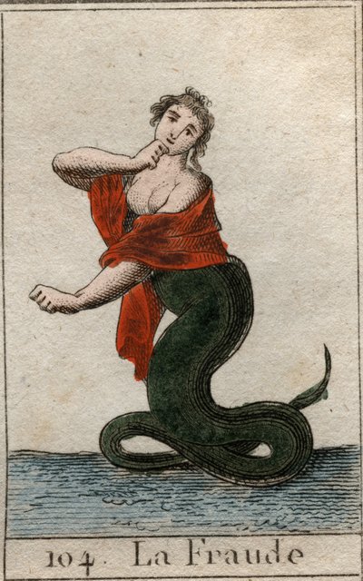 A csalás (becstelenség) ábrázolása, mint veszélyes kígyó mosolygó nőfejjel). Pierre Blanchard „Az ifjúság mitológiájából”, 1803. alkotó: French School