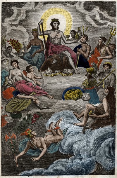Az istenek gyülekezetének ábrázolása az Olümposz-hegyen vagy a Tizenkét olimpikon. Pierre Blanchard „Az ifjúság mitológiájából” 1803-ból. alkotó: French School