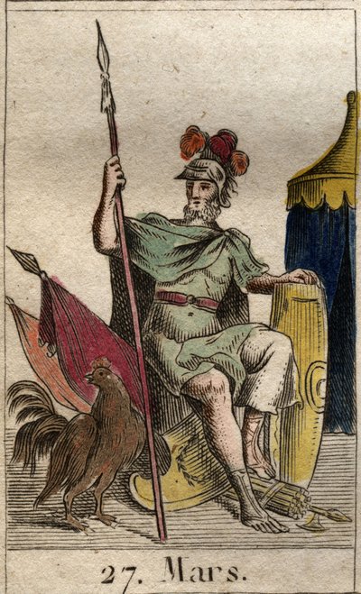 A háború istenének ábrázolása Mars, fegyver, kakas közelében. (A háború istene, Mars ménesszel felfegyverkezve). Pierre Blanchard „Az ifjúság mitológiájából” 1803-ból. alkotó: French School