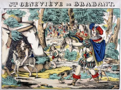 Brabanti Szent Genevieve legendájának ábrázolása. Az erdőben elhagyott Genevieve és férje találkozásának jelenete. Az Epinal képe alkotó: French School