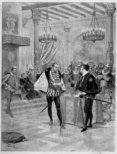 Színházi előadás: Alexandre Dumas (1802-1870) "III. Henrik és udvara" negyedik felvonásának jelenete a párizsi Comedie Francaise-ben alkotó: French School