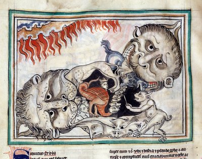 A 13. századi francia iskola által megvilágított „Cambrai apokalipsziséből” átvett, átkozott miniatűr alvilág lényeinek ábrázolásai. Ms. 422. Városi Könyvtár, Cambrai alkotó: French School