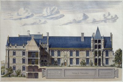 A Chateau de Chateaudun restaurálása, a Le Moniteur des architectes illusztrációja, H. Penel metszet (színes metszet) alkotó: French School