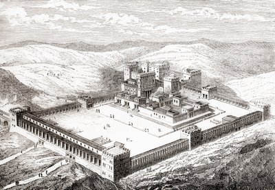 A helyreállított Második Templom, amely Salamon templomát váltotta fel, Jeruzsálem, a Les Merveilles de la Science, 1870-es kiadásból. alkotó: French School