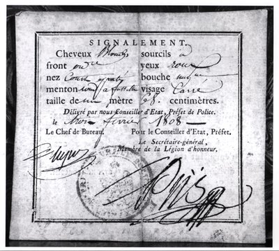 Biztonsági kártya hátoldala, 1808 (toll és tinta papíron) alkotó: French School