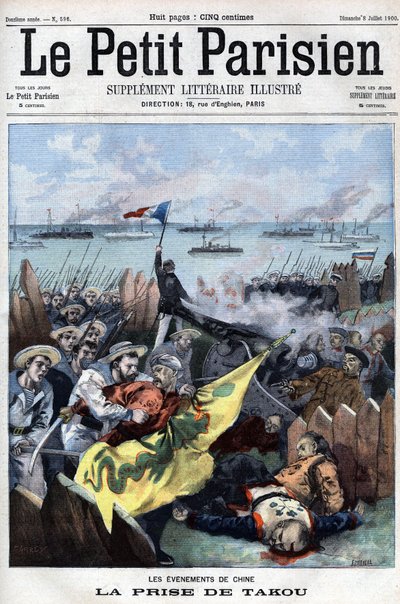 Revolt des Boxers (1898-1900): A szövetségesek elfoglalják Takout Kínában – a Le Petit Parisienben alkotó: French School