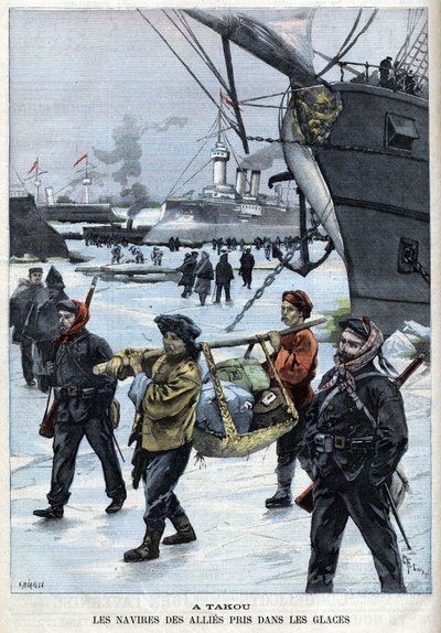 Revolt des Boxers (1898-1900) a szövetségesek hajói az Atakou jégen. a „Le Petite Parisien” című filmben alkotó: French School
