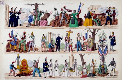1848. februári forradalom: a február 23-i felkelés nagy pillanatai, a barikádok, majd a katonák, munkások és polgárok testvérisége, I. Lajos Fülöp (Fülöp Lajos) hatalmi jelképeinek lerombolása és végül a alkotó: French School