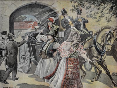 Revolveres támadás Milan Obrenovich (1854-1901) volt szerb király (1882-1889) ellen 1899. július 7-én Szófia utcáin. Metszet a „” Le Pelerin”-ben” 1899.07.23. alkotó: French School