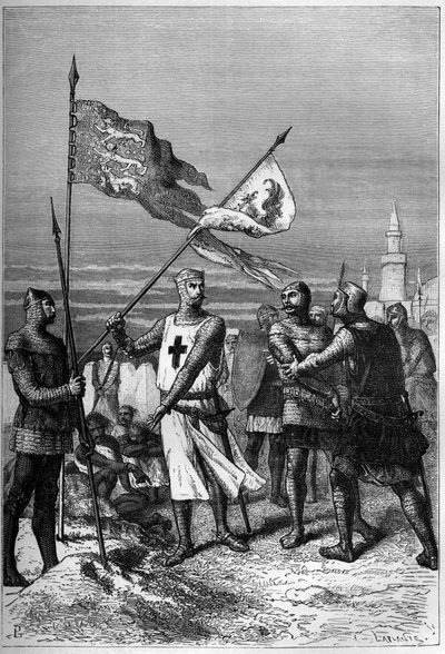 Richard Coeur de Oroszlán vagy I. Oroszlánszívű Richárd (1157-1199) angol király, V. Lipót főherceg, Ausztria hercegének zászlóját eltávolítva - Francois Guizot „Anglia története a legrégibb időktől” című metszetébe. alkotó: French School