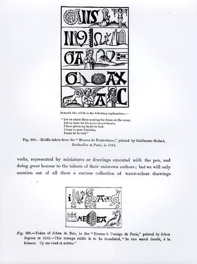 Rejtvény a Guillaume Godart által 1513-ban nyomtatott Heures de Nostredame-ból, és Jehan de Brie Tokenje a Heures a lusaige de Paris-ból, amelyet Jehan Bignon 1512-ben nyomtatott, illusztrációk a Science and alkotó: French School