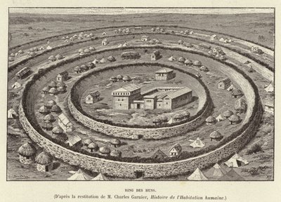 Ring des Huns. A hunok települését védő gyűrű alakú erődítmények (metszet) alkotó: French School