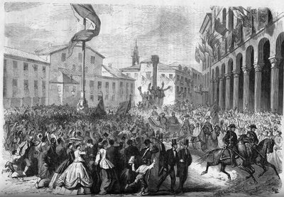 Risorgimento – Velence Olaszországhoz csatolása – 1866: Vittorio Emanuele II olasz király (II. Viktor Emmanuel) (Victor Emmanuel) (1820-1878) belépése Rovigóba. Metszet a „” Le Monde Illustré”” 488. számában, 1866. augusztus 18.. alkotó: French School