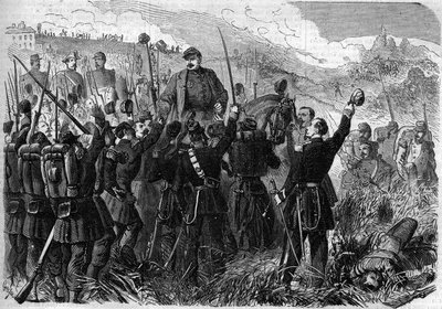Risorgimento – Montebello della Battaglia (Olaszország) csata, 1859. május 21.: Elie Frederic Forey (1804-1872) francia tábornok, az olasz hadsereg parancsnoka az osztrák hadsereg felett aratott győzelme után katonái diadalmaskodtak. Metszet a „” Le Monde  alkotó: French School