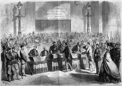 Risorgimento, Nápoly, 1860. október 21.: a lakosság szavazata a Saint Francois de Paule-templomban a városnak az Olasz Királysághoz való csatolásáról. Metszet a „” Le Monde Illustré”” 188. számában, 1860. november 17.. alkotó: French School