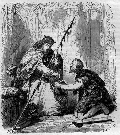 II. Jámbor Róbert (972-1031), francia király, almonokat terjeszt. Metszet a „Pápák-királyok-királynők és császárok története az évszázadokon keresztül” című könyvébe, Maurice Lachatre alkotó: French School