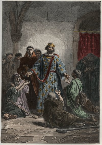 Jámbor Róbert (972-1031), Franciaország 996-1031-es capetius királya, kedvesen érzett a gyengék és szegények iránt – metszet a „L