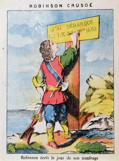 Robinson Crusoe megírja a hajótörés dátumát alkotó: French School