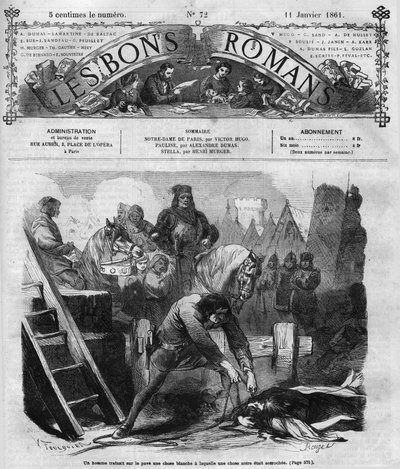 Római sorozat: Victor Hugo (1802-1885) „” Notre Dame de Paris””. Egy férfi leereszt két nőt a kövezeten. Metszet a „Les bons romances”-ba alkotó: French School