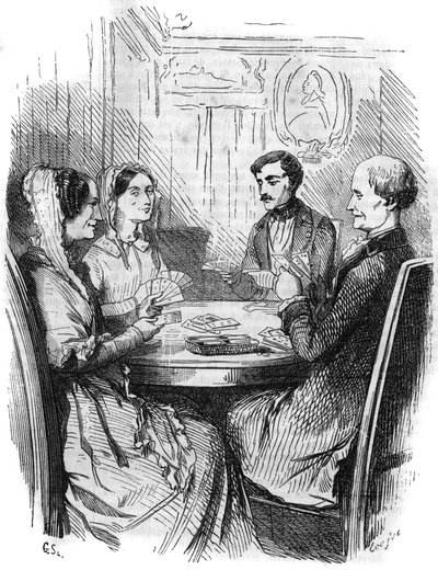 Római sorozat: "" Monte Cristo grófja"" (Monte-Cristo), Alexandre Dumas (1802-1870). Kártyajáték négy karakter között. Metszet a „Les bons romances”-ba alkotó: French School