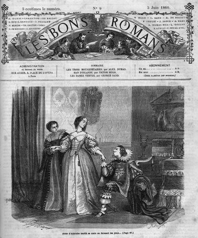 Római sorozat: Alexandre Dumas pere (1802-1870) „A három testőr”. Ausztriai Anna (1601-1666) egy dobozt ajándékoz Buckingham hercegének (Georges Villiers), amelyben gyémánt görényei vannak. A XII. fejezet illusztrációja. Metszet „” Les bons romances”-ba alkotó: French School