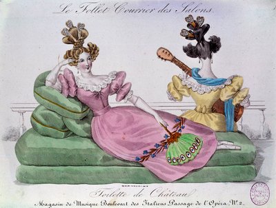Romantikus divat: Chateau WC. Két nő extravagáns frizurával egy szendvicsen. századi metszet. Párizs, Musee Carnavalet alkotó: French School