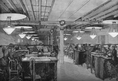 Női távírók szobája a Postai és Távirati Minisztérium központi irodájában, elektromos fénnyel megvilágítva ívlámpákkal (rendszerlemondás), Párizs 1883. alkotó: French School