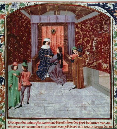 Roy 15 E IV f.14 IV. Edward átvette a könyvet a szerzőtől, az Anglia régi krónikáiból, Jean Batard de Wavrintől, 1470-80 körül (vellum) alkotó: French School