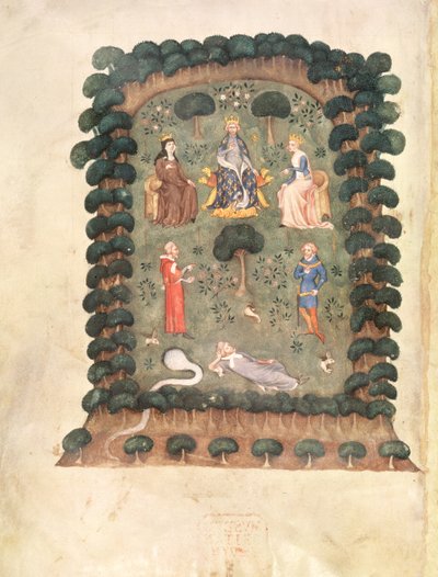 Roy 19 C IV f.298 V. Károly a kertben trónol koronával és jogarral, a "Gyümölcsöskert őrzőjének álmából" alkotó: French School