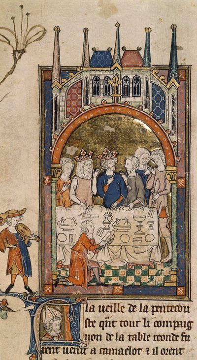 Royal 14 E. III, f.89, Arthur király ünnepe, Arthur király és Guinevere egy banketten, egy szolgával az asztal előtt térdelve, aki kenyeret vág, a „La Queste del Saint Graal”-ból, 1315-25 körül (vellum) ) alkotó: French School