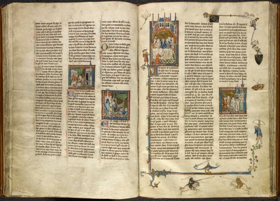 Royal 14 E. III, ff.88v-89 Lancelot kiveszi lefejezett nagyapja, a király fejét egy forrásban lévő kútból; két lovagra összedőlő épület. A jobb oldalon Arthur és Guinevere miniatúrája egy banketten ül az Estoire del Saint Graal-ból, alkotó: French School