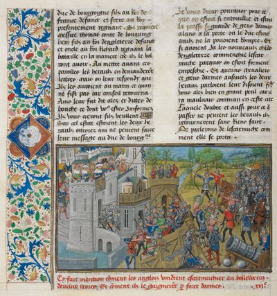 Royal 14 E. IV, f.59v Egy troyes-i bástya elfoglalása az „Anciennes et nouvelles chronicles d