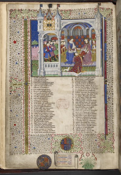 Royal 15 E. VI, f.2v Anjou Margit, férjével VI. Henrik királlyal ülve, illusztráció a „Shrewsbury Talbot Book of Romances”-ből, 1445 körül (tinta, szín és arany pergamen) alkotó: French School