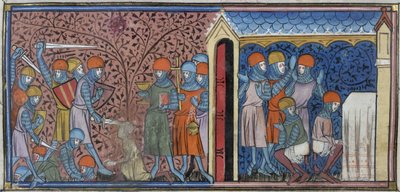 Royal 16 G. VI, f.185v Raid of Cordoba Mansur, illusztráció a „Chroniques de France ou de Saint Denis”-ből (vellum) alkotó: French School