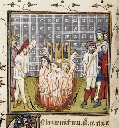 Királyi 20 C. VII, f.44v Templomosok égetése, illusztráció a "Chroniques de France ou de St. Denis"-ből (vellum) alkotó: French School