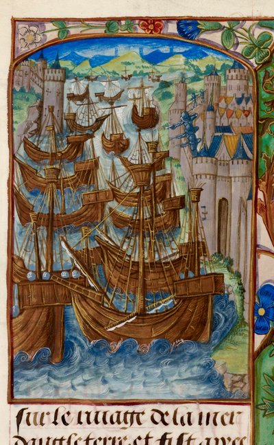 Royal 20 E. III, fol.186v Francia flotta megtámadta Sluys-nál, a „Chroniques de France ou de Saint Denis”-től alkotó: French School